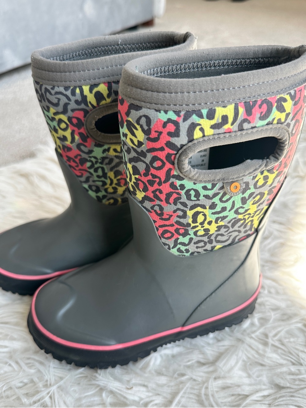Kids Bogs Waterproof Gray Rain Boots with Neon Leopard Cuff